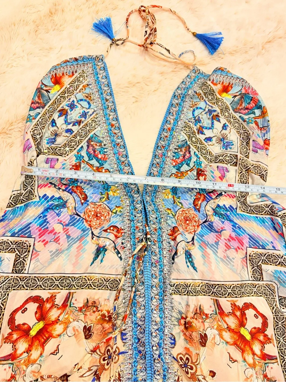 ๐ง๐ผ Y2K Fairycore Sequin Beaded Sakkas Halter Maxi Dress Euro Summer Boho Floral - Picture 10 of 16